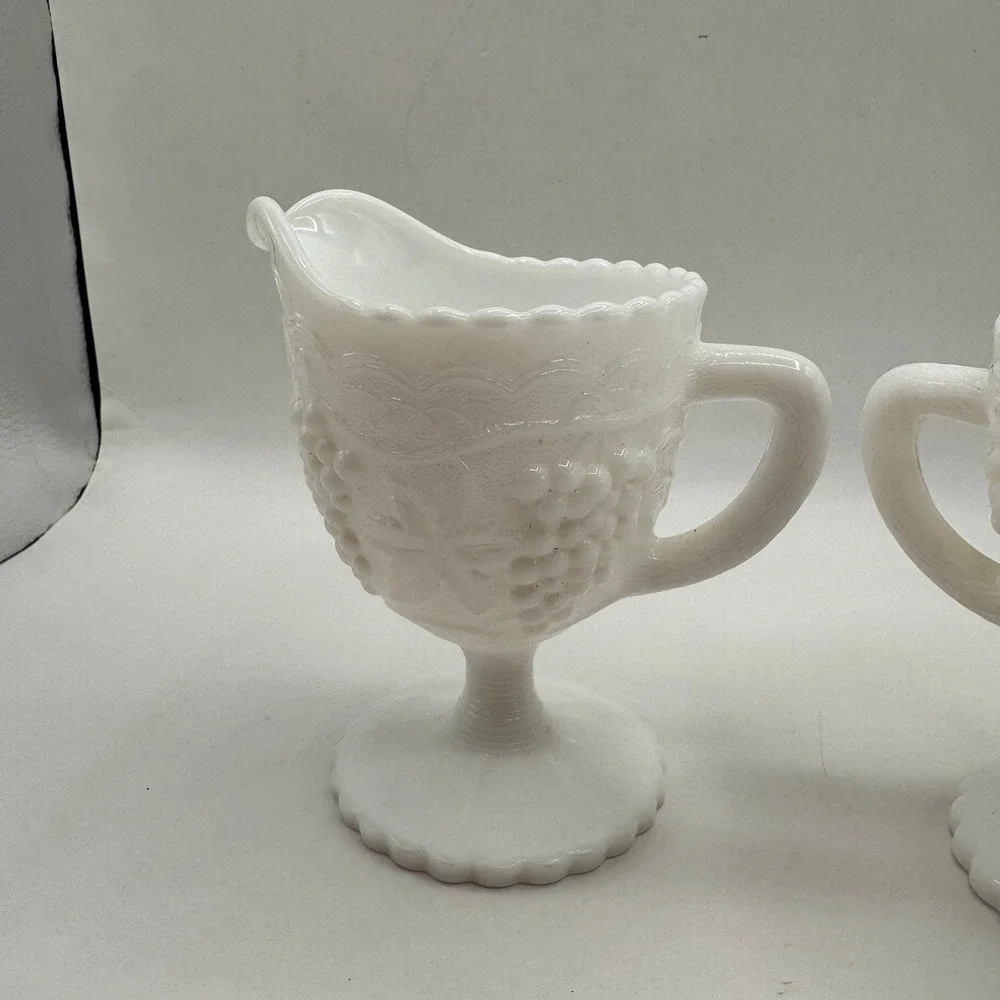 Imperial Glass Cream and Sugar Set White Milk Glass Vintage Grape Pattern Footed